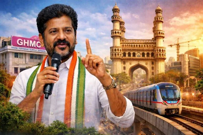 Revanth Reddy addressing public with Hyderabad cityscape and Charminar in background representing GHMC governance reform