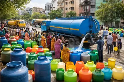 Residents collecting water from tanker during water supply disruption in Hyderabad