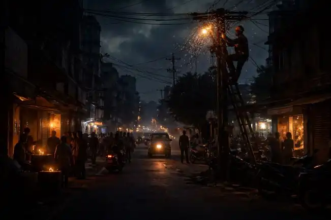 Electricity worker repairing power lines during night power cut in Ameerpet, Hyderabad.