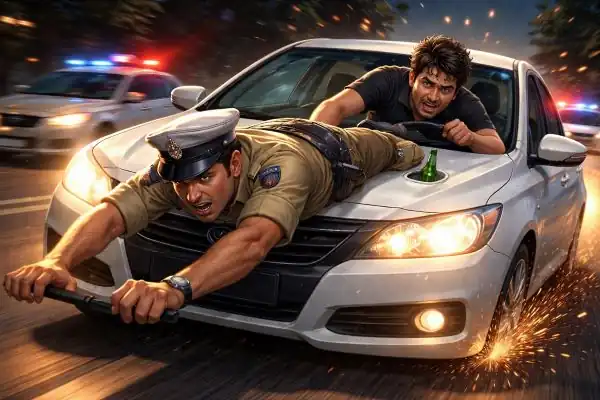 Police officer clings to a moving car in Gachibowli, Hyderabad after a drunk driver attempts to flee during a late-night traffic check.