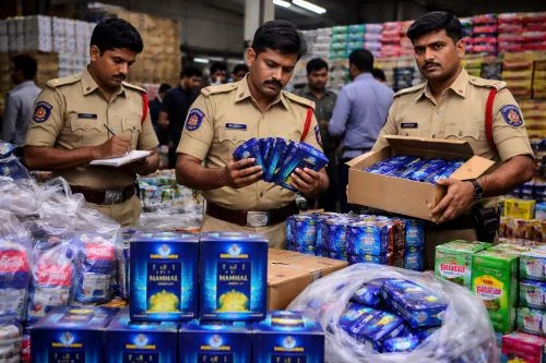 Hyderabad police inspecting seized fake Taj Mahal tea packets during raid