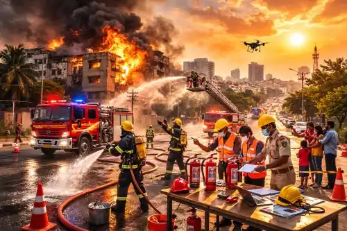 Firefighters controlling a building fire in Hyderabad during summer heat