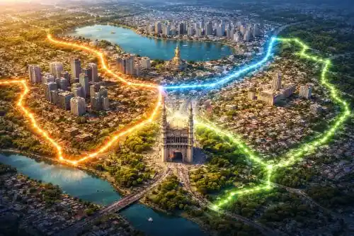 Aerial illustration of Hyderabad divided into three glowing zones, symbolizing the proposed GHMC split.