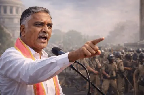 BRS leader T Harish Rao addressing media while criticizing Congress government in Hyderabad