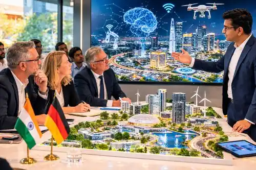 Hyderabad officials presenting the AI City development plan to a German business delegation