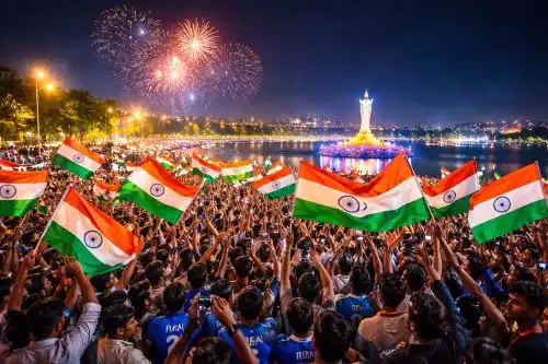 Hyderabad cricket fans celebrating India T20 Victory with flags and fireworks