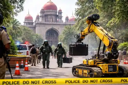 Bomb disposal squad and police conduct security drill outside Telangana High Court in Hyderabad after hoax bomb threat.