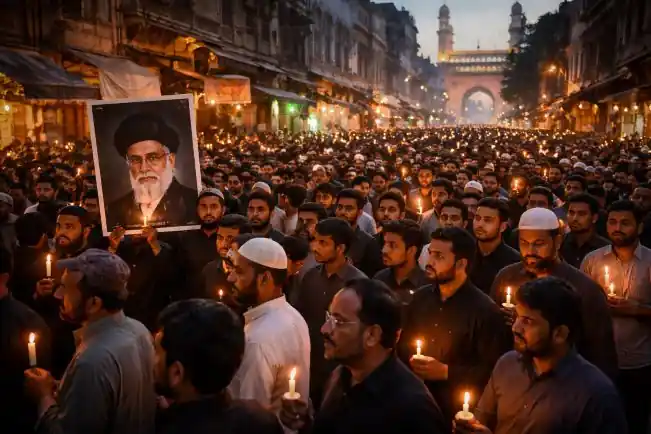 Candlelight protest gathering in Hyderabad Old City near Charminar mourning Khamenei