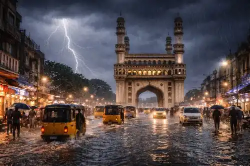 Dark storm clouds over Hyderabad skyline during approaching rainstorm