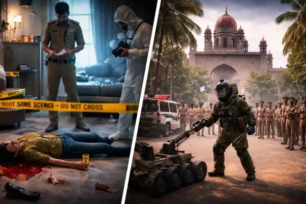 Police investigate a murder scene at a Hyderabad residence while bomb squad teams search Telangana High Court after a threat alert.