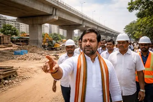 Amberpet Flyover road construction area in Hyderabad with officials reviewing infrastructure progress