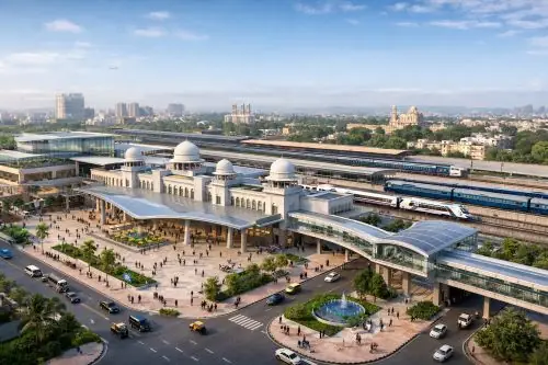Firefighters control a large building fire in Hyderabad during summer heat.