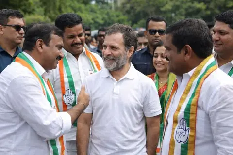 Rahul Gandhi interacting with Congress DCC leaders during his visit to Hyderabad for party meetings and strategy discussions.