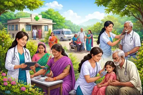 Healthcare workers conduct medical checkups for women, children, and older people during Telangana’s 100-Day Health Mission campaign in Hyderabad.