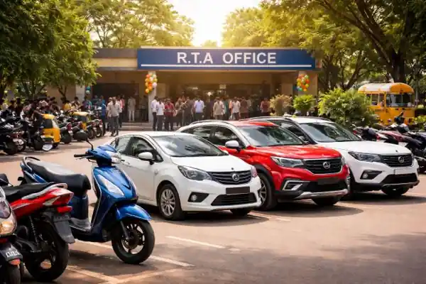 Vehicles parked outside Hyderabad RTA office as Telangana Road Safety Cess begins for new registrations