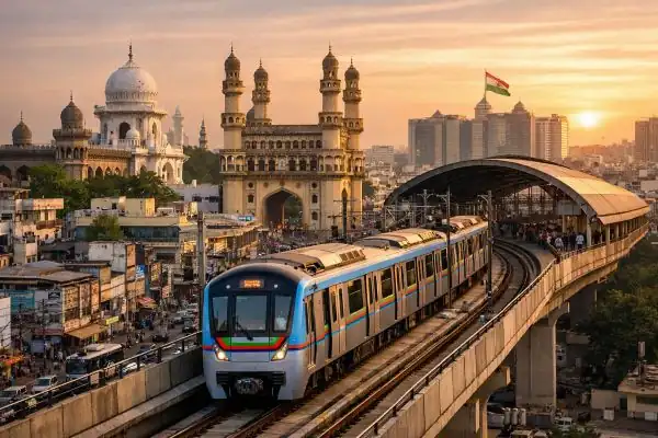 Hyderabad Metro train running on an elevated track near Charminar at sunset as Telangana government prepares to take over operations from L&T.