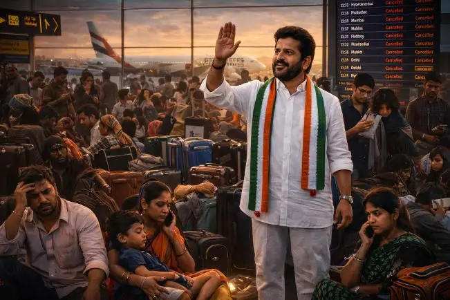 Telangana Chief Minister A Revanth Reddy addressing stranded Telugu passengers at a Gulf airport amid flight cancellations