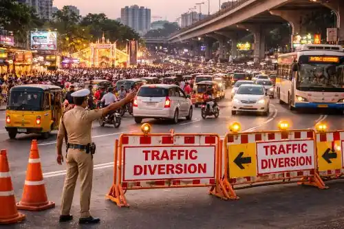 Traffic police managing vehicle movement during traffic diversions in Yousufguda Hyderabad