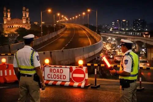 Hyderabad traffic police blocking flyover during night road maintenance
