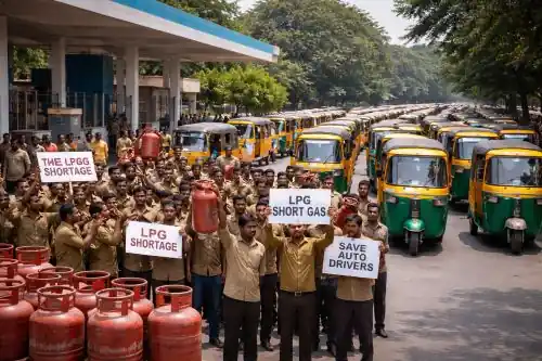 Auto drivers protest LPG shortage in Hyderabad with tower climb