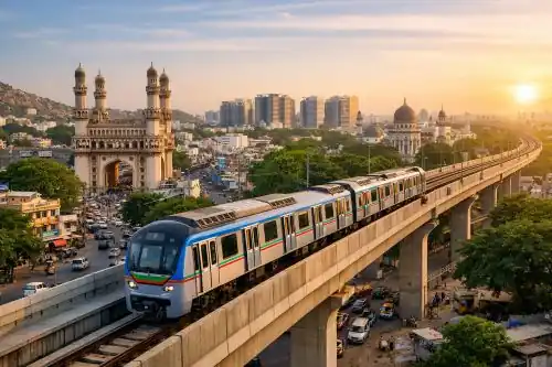 Hyderabad Metro train running in the city during Telangana government takeover plan