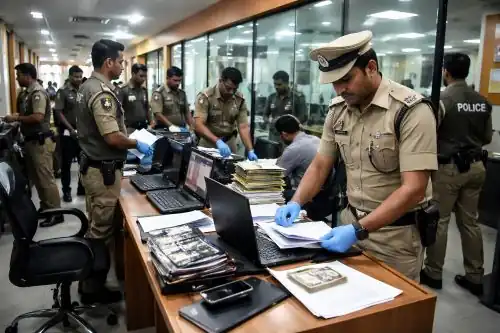 Hyderabad police officers during a QNet raid at an office during a multi-state probe.