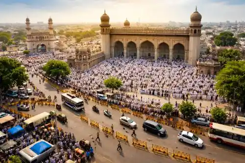 Traffic police managing vehicles during Hyderabad Traffic Curbs for Jummat-ul-Vida prayers