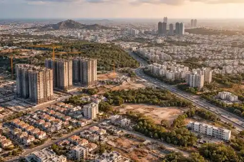 Hyderabad urban expansion showing new buildings and infrastructure growth