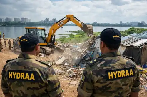 HYDRAA land officials clearing lake encroachments in Hyderabad