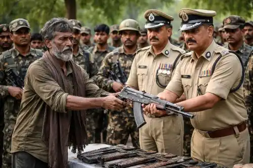 Maoist Leader Devuji surrendering to police officials in Hyderabad