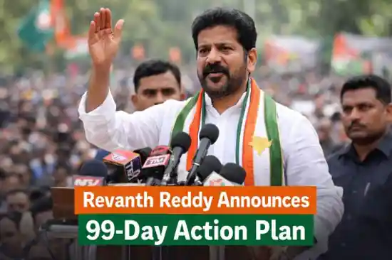 Revanth Reddy addressing a public gathering in Hyderabad during 99-day action plan announcement