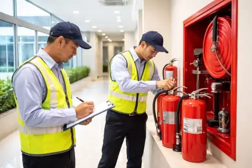 Fire safety inspection in Hyderabad hospital showing emergency exits and safety equipment check