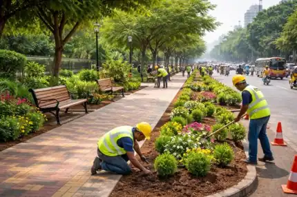 Workers restoring a clean and green footpath in Hyderabad