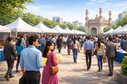 Job seekers attending Hyderabad Job Fair with recruiters at interview booths