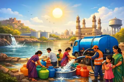 Hyderabad water supply tanker delivering water during summer