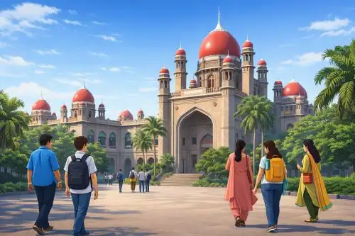 Students entering a private college campus in Hyderabad after HC allows fee collection